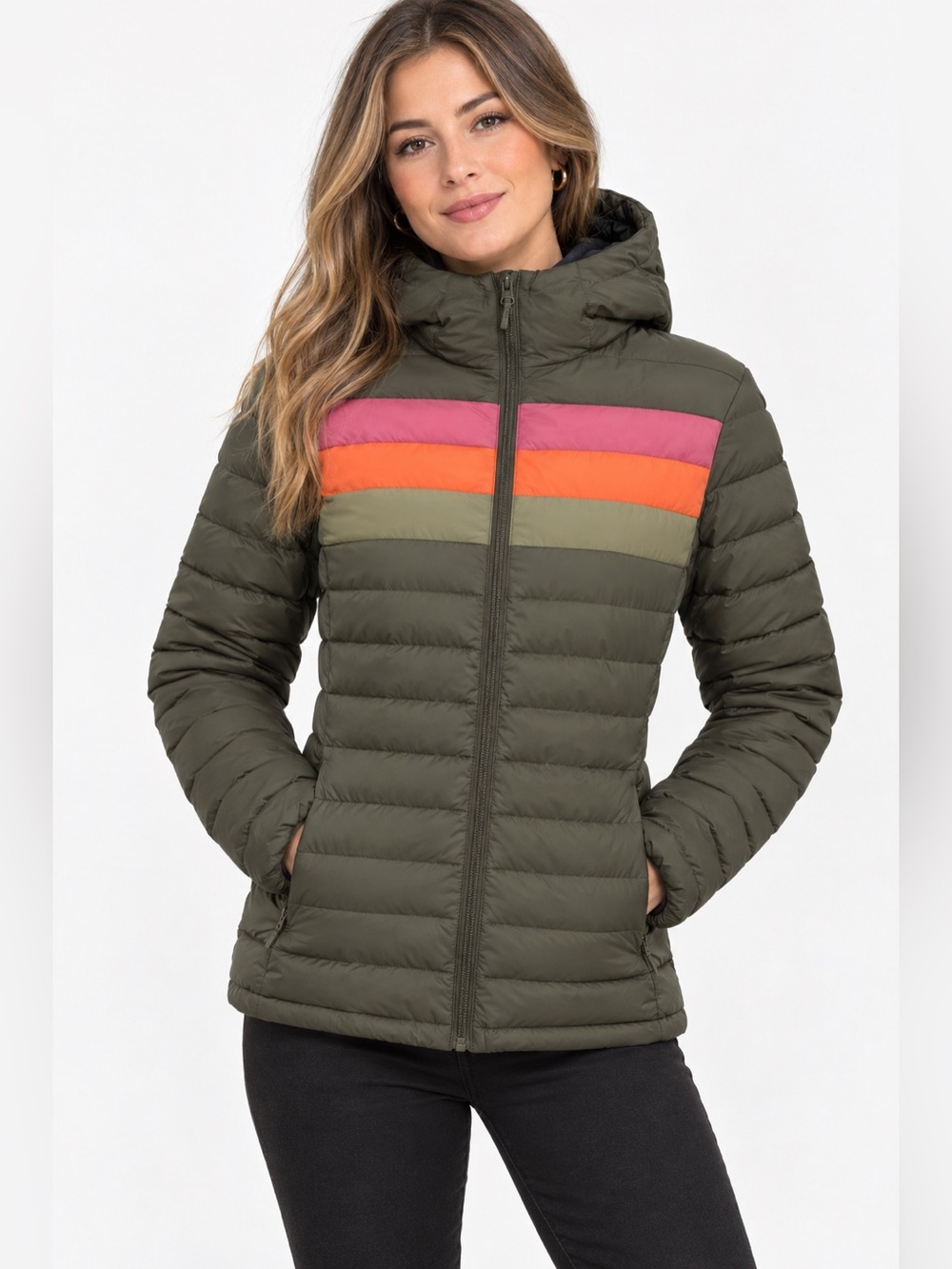 Olive Hooded Puffer Jacket with Pink & Orange Stripe Detail